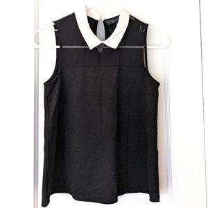 Topshop Petite Black Sleeveless Blouse w Mesh Top & White Collar